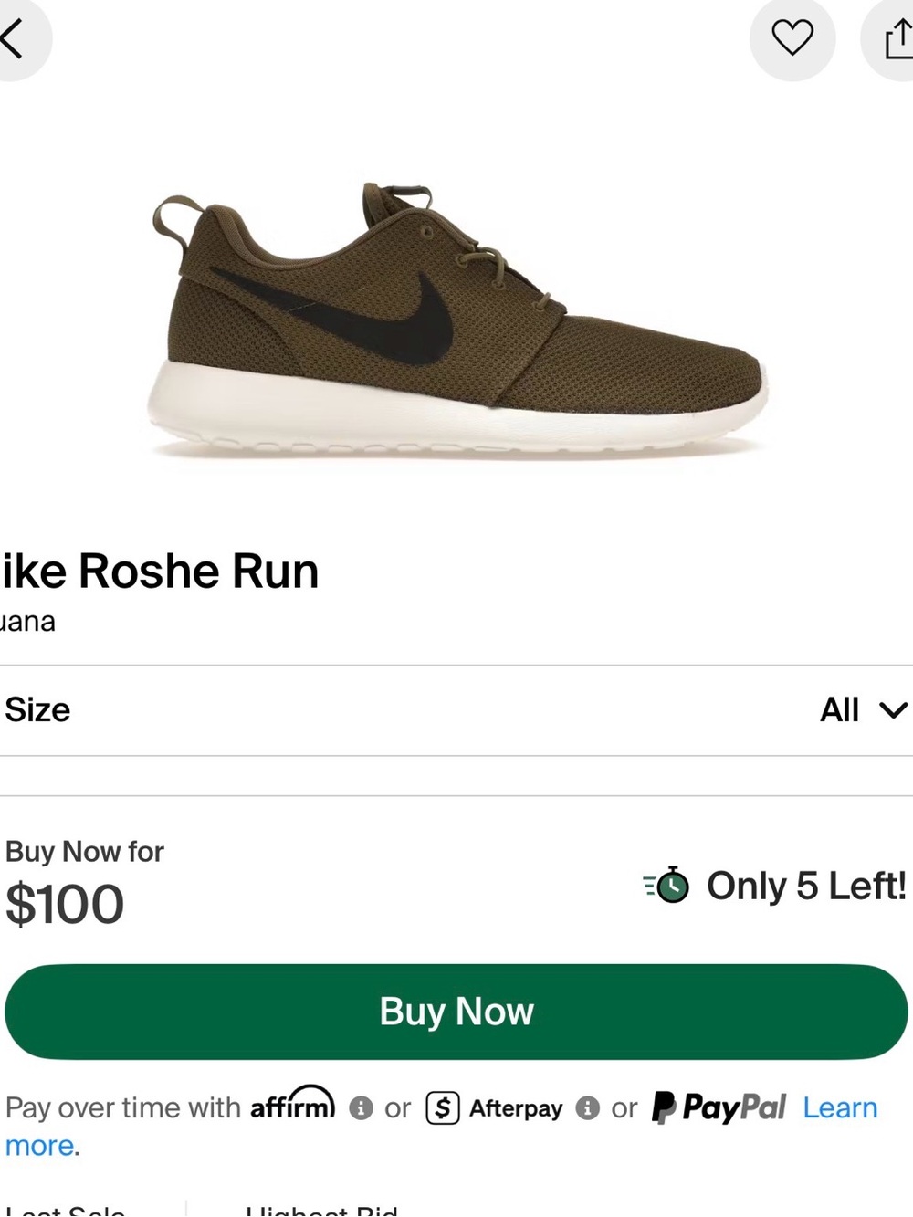 Nike Olive Green Roshe Run w7.5/m6